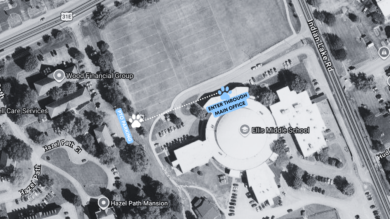 Map of Ellis Middle School showing PTO parking in the lot near Hazel Path and the walking path to the main office entrance